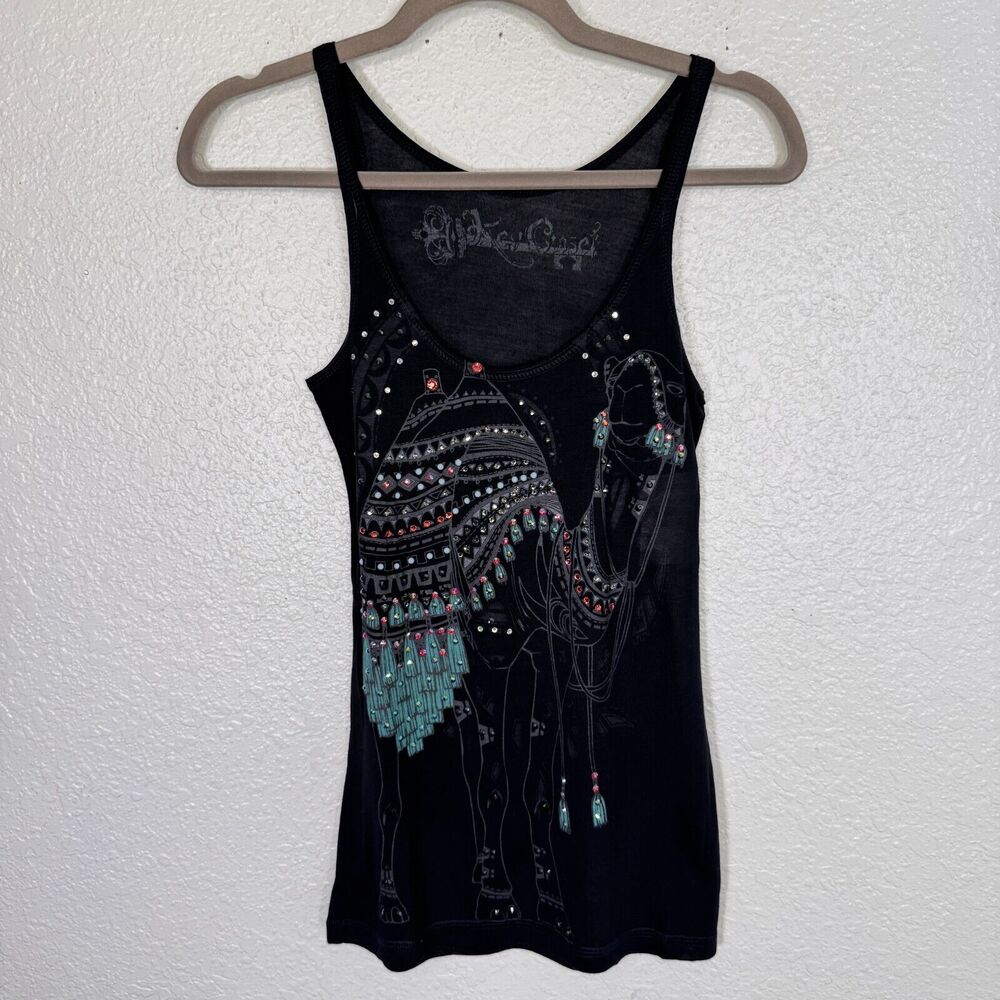 Key Closet Top Womens XS Camel Swarovski Crystal Rhinestone Tank Tee Shirt Black